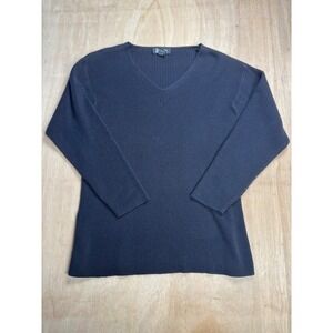 MODIANO Ribbed V Neck Long Sleeve Sweater Top Womens Medium Navy Blue Y2K Size M